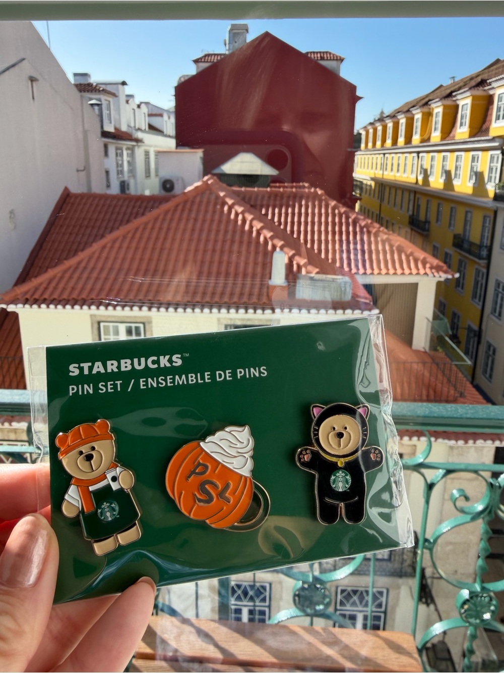 Starbucks Portugal Enamel Bear, Cat & Pumpkin Pin Set - Orange, Black, Green